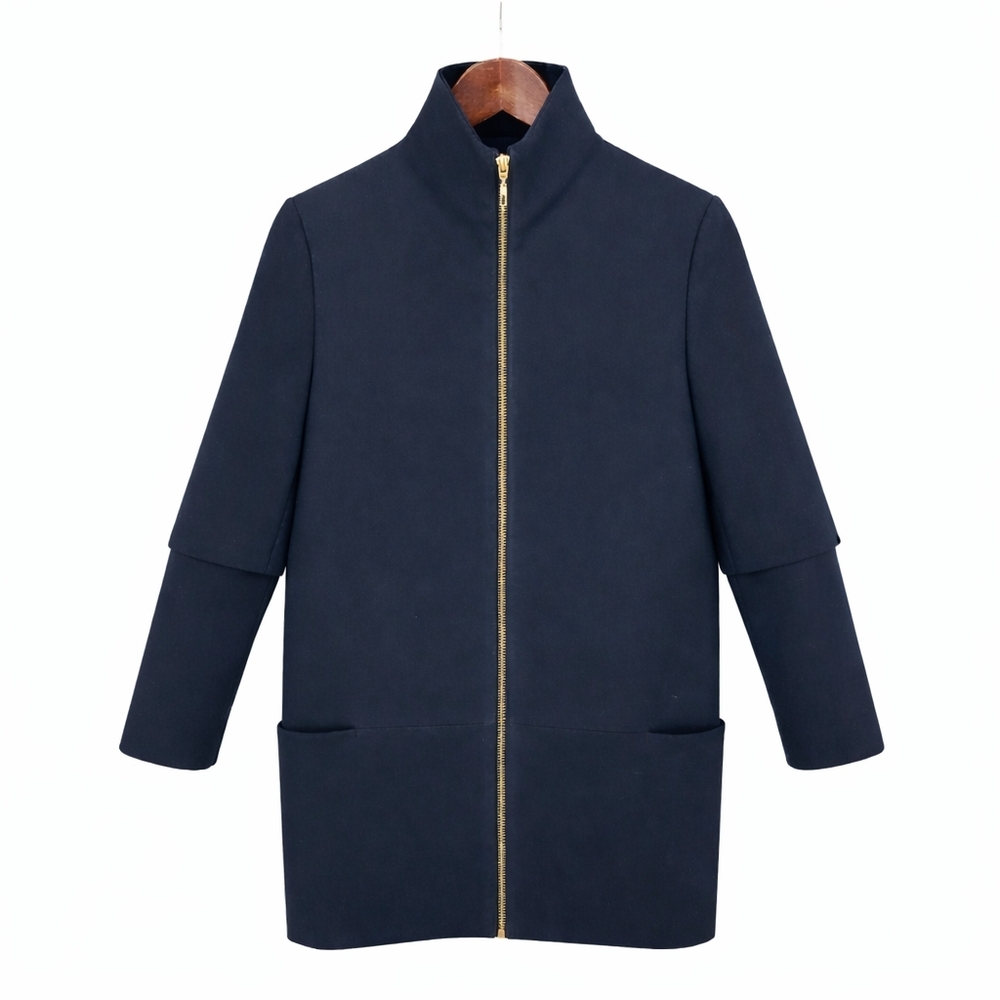 Zara Basic Navy Funnel Neck Coat Size Small Full Zip Quiet Luxury Minimalist